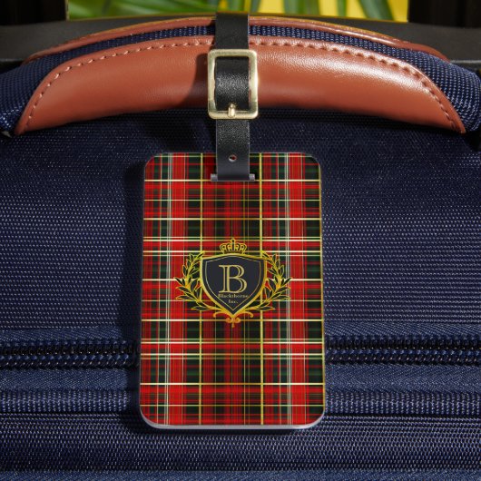 Rot Gold Luxus Monogramm Tartan Gepäckanhänger (Vorderseite Insitu 2)