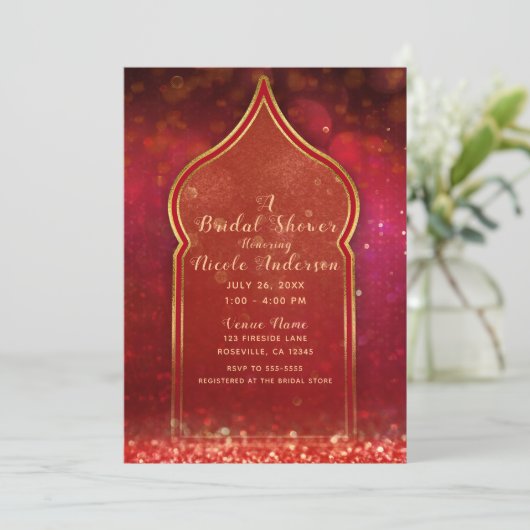 Rot & Gold marokkanisches Brautparty für arabische Einladung (Stehend Vorderseite)