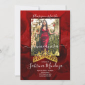 Rot, Gold Quinceanera Kristall Tiara Einladung (Vorderseite)