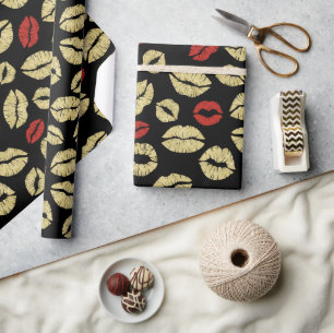 Rot Gold Schwarz Lippen Küsse Brautparty Geschenkpapier