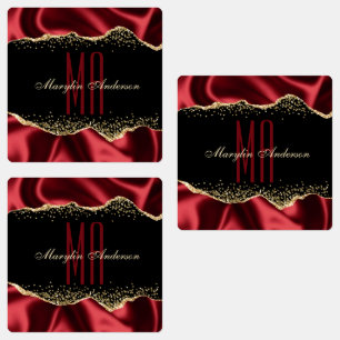 ROT & GOLD SHIMMER SATIN BORDERS CUSTOM MONOGRAM ETIKETTEN