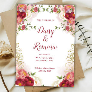Rot Gold Wasserfarben Blumen Save The Date  Einladung