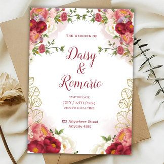Rot Gold Wasserfarben Blumen Save The Date Einladung