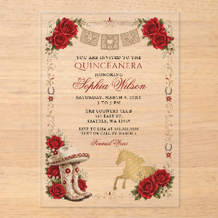 Rot Gold Western Pferd Floral Charra Quinceañera Acryleinladungen