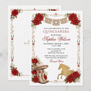 Rot Gold Western Pferd Floral Charra Quinceañera Einladung