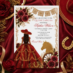 Rot Gold Western Pferd Floral Charra Quinceañera Einladung