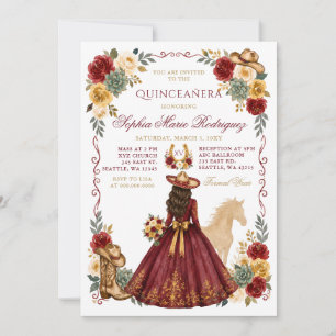 Rot Gold Western Pferd Floral Charra Quinceañera Einladung