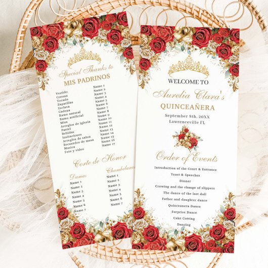 Rot-goldene Blumen-Quinceanera-Ablauf der Ereignis Programm
