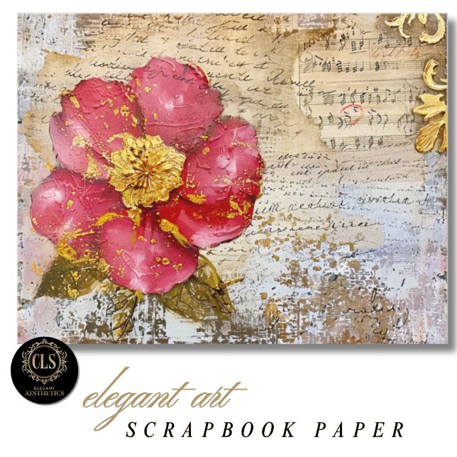 Rot-goldene Blumenschrift Scrapbook-Papier (Scrapbook Paper – Red and Gold Flower Script)