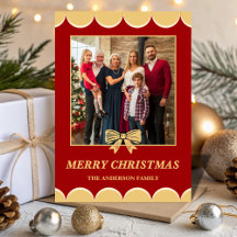 Rot-goldene Bogen-Weihnachtskarte mit Familienfoto