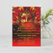 Rot goldene Federmasken Maskenball Geburtstagsfeie Einladung (Stehend Vorderseite)