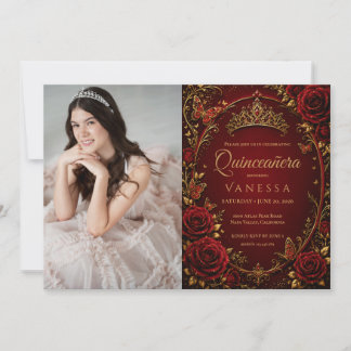 Rot-goldene Foto-Quinceanera-Einladung Einladung