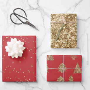 Rot goldene glitzernde Weihnachtsbäume Geschenkpapier Set