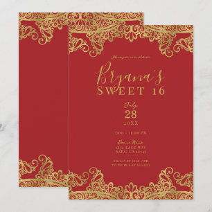 Rot & Goldene Spitze Elegante Sweet 16 Party  Einladung