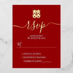 Rot-goldene Vintage-Hochzeitsantwort aus China Folie Einladungspostkarte
