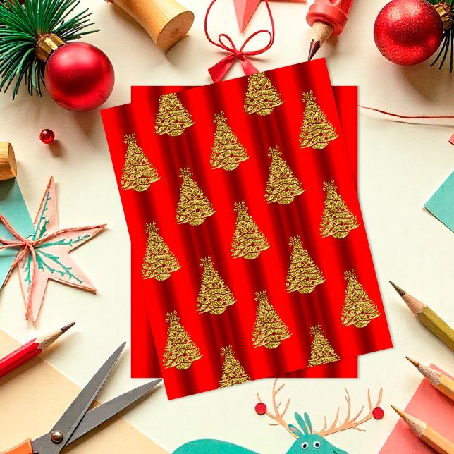Rot-goldene Weihnachtsbaum-Schabblonenpapier (Red and Gold Christmas Trees Scrapbook Paper by the Olde Christmas Shoppe)