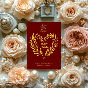 Rot-goldener Herz-Kranz Save-the-Date-Hochzeit  Einladung