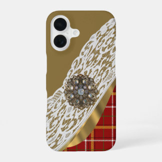Rot-goldener Tartan-Karo und Spitze iPhone 16 Hülle