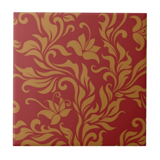 Rot-goldenes Blumenmuster Fliese (Vorderseite)