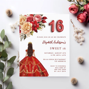 Rot goldenes Kleid Rosen weiße Sweet 16 Einladung