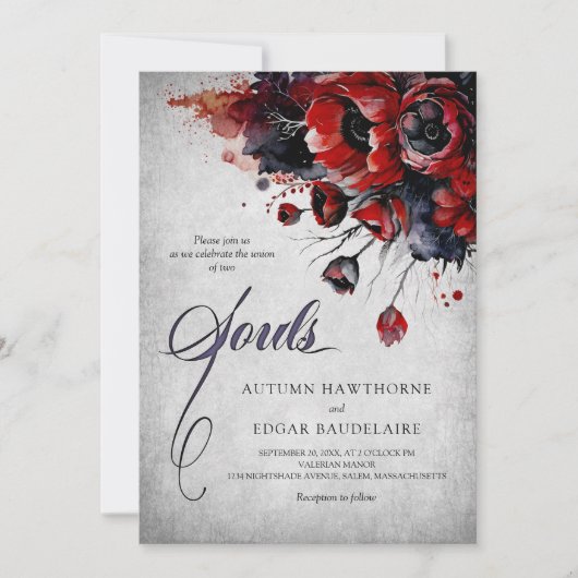 Rot-Gothic-Blumenhochzeit Einladung (Vorderseite)