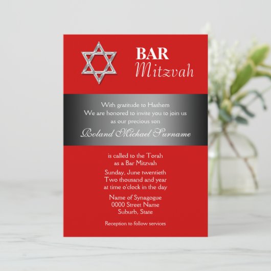 Rot-Grau-Bar mitzvah-Feierlichkeiten Einladung (Stehend Vorderseite)