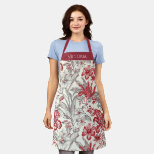 Rot & Grau Blumen Toile Shabby Chic Personalisiert Schürze