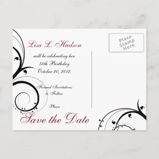 Rot, Grau, Schwarze Wirbel Save the Date Postkarte (Rückseite)