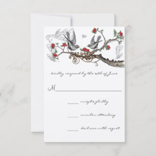 Rot Grau Vintage Liebesvögel Wald Hochzeits Einlad RSVP Karte