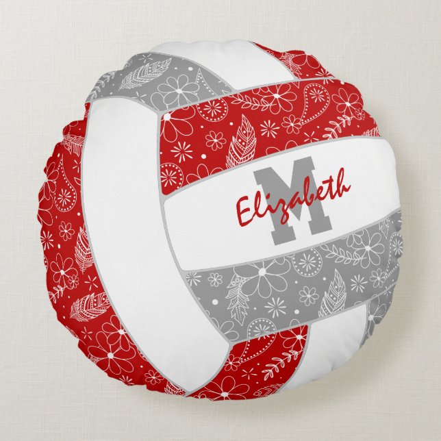 Rot-graue Mädchen boho Federn Muster Volleyball Rundes Kissen (Vorderseite)