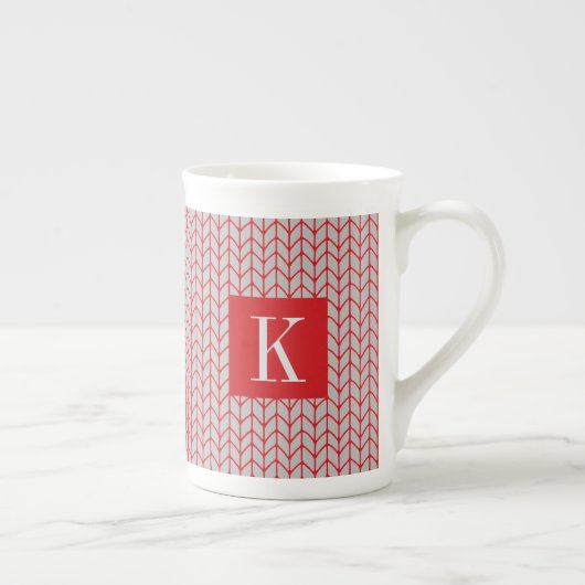 ROT GRAY STRICK Knochen China Tasse + Initial II (Rechts)
