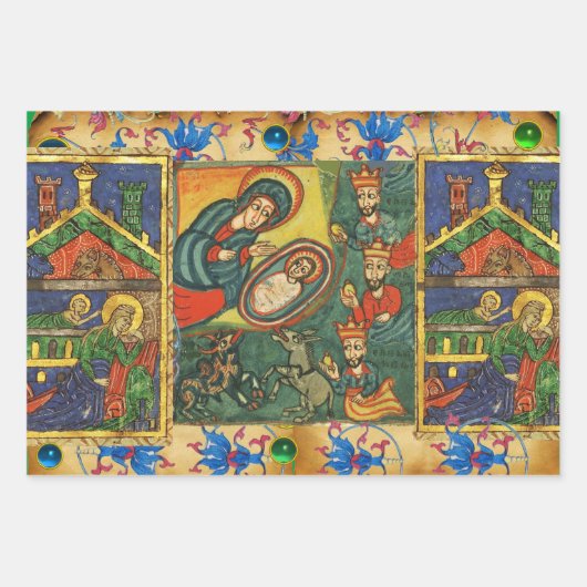 ROT GREEN BLUE FLORAL NATIVITY CHRISTMAS PARCHMENT GESCHENKPAPIER SET (Vorderseite 3)