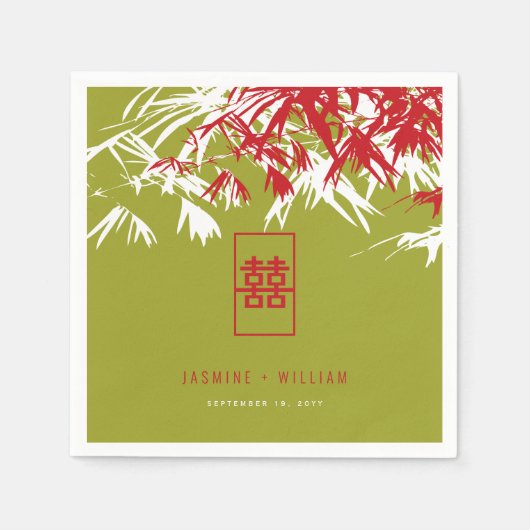 Rot/Grün-Bambus-Blätter Chinesische Doppelhochzeit Serviette (Vorderseite)