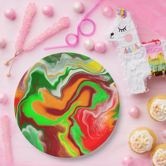 Rot, Grün, Burgund, farbenfroh Marmorflüssigkeit K Pappteller (Party)