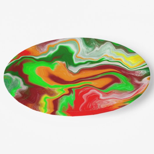 Rot, Grün, Burgund, farbenfroh Marmorflüssigkeit K Pappteller (Schrägansicht)