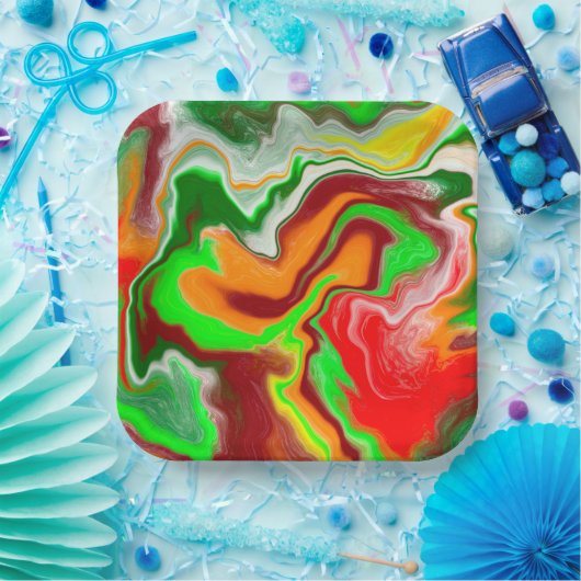 Rot, Grün, Burgund, farbenfroh Marmorflüssigkeit K Pappteller (Party)