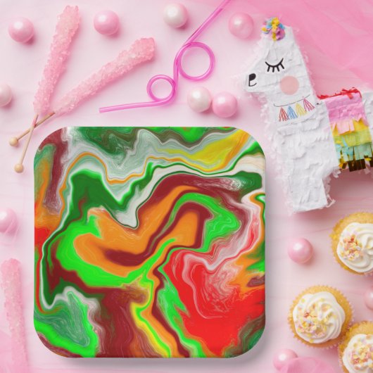 Rot, Grün, Burgund, farbenfroh Marmorflüssigkeit K Pappteller (Party)