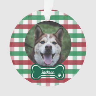 Rot Grün Gingham Karo Knochenanhänger Hund Foto Ornament