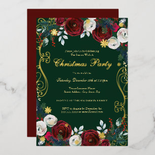 Rot Grün Gold Floral Wirbel Weihnachtsfeier Folieneinladung