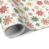 Rot, Grün & Gold Schneeflockenmuster Geschenkpapier (Rolleneckpunkt)