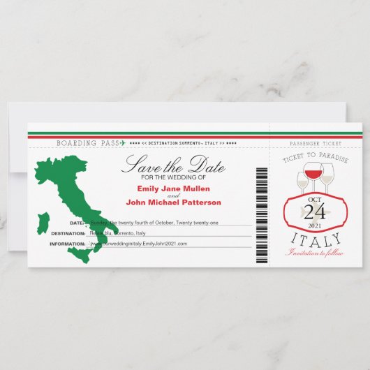 Rot-Grün-Italien Boarding-Pass Einladung Hochzeit (Vorderseite)