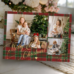 Rot-grün kariert 3-Foto-Collage Frohe Weihnachten