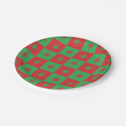 Rot grün karierte Retro Weihnachten Sternexplosion Pappteller (Schrägansicht)