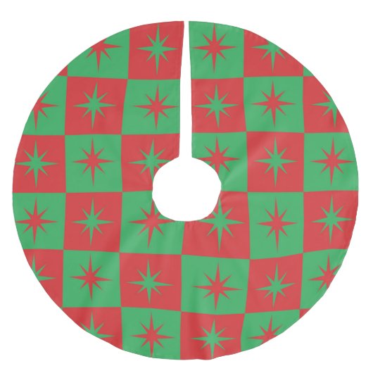 Rot grün karierte Retro Weihnachten Sternexplosion Polyester Weihnachtsbaumdecke (Vorderseite)