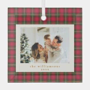 Rot-grün karierter Weihnachtsfamilienfoto-Andenken Ornament Aus Glas