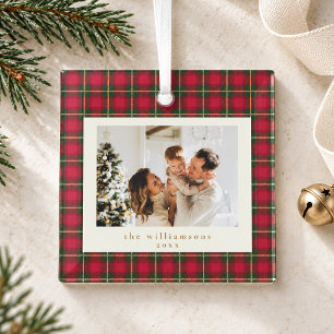 Rot-grün karierter Weihnachtsfamilienfoto-Andenken Ornament Aus Glas
