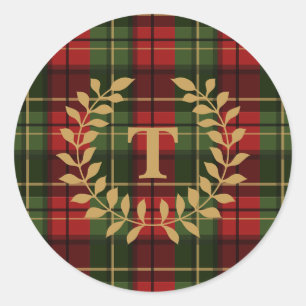 Rot-grün kariertes Tartan-Muster mit Monogramm Runder Aufkleber