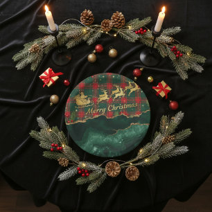 Rot-grün kariertes Weihnachtsmann-Schlitten-Frohe  Pappteller
