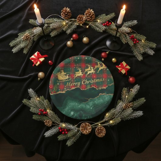 Rot-grün kariertes Weihnachtsmann-Schlitten-Frohe Pappteller