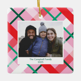 Rot Grün Pink Karierter Weihnachts-Foto-Schmuck Keramikornament